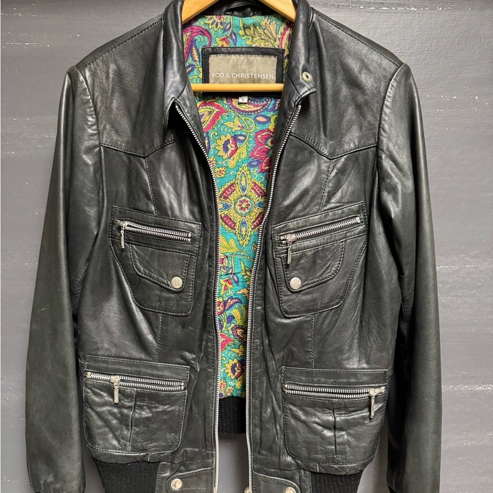 Black Leather Bomber Jacket with Vibrant Lining